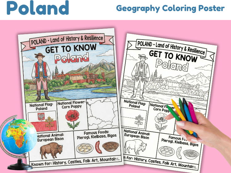 Poland Geography Coloring Poster | Country Facts & Culture Worksheet