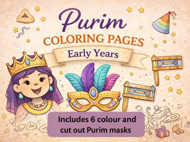Purim Colouring & Mask Activity Pack – Early Years (Ages 4–6)