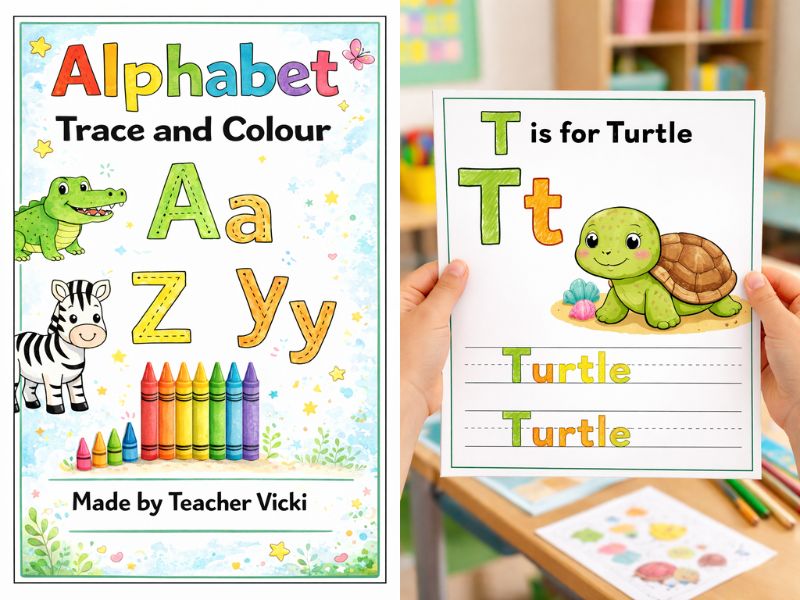 Alphabet Trace and Colour Worksheets A-Z Animals