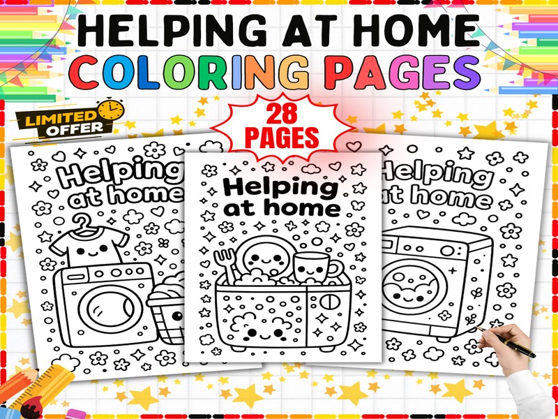 Household Chores Coloring Sheets | 28 Page Coloring Sheets | Laundry Cleaning and Helping