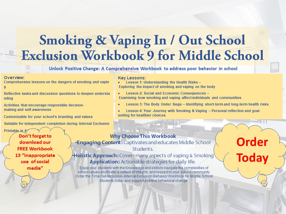 In / Out School Suspension Workbook 9. Smoking & Vaping. (Middle School)