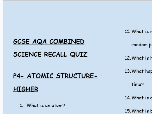 GCSE Physics P4 Atomic Structure – 30 Higher Retrieval Questions | AQA | Low-Stakes Quiz + Answers