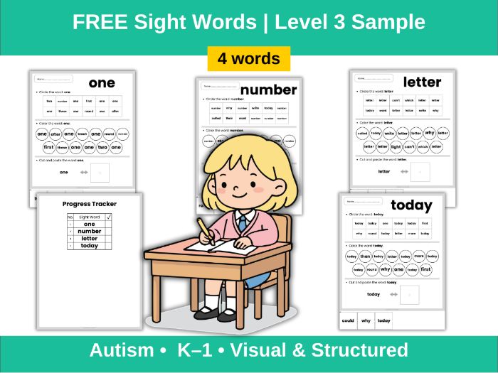 Free Autism Sight Words Worksheets (4 Words)