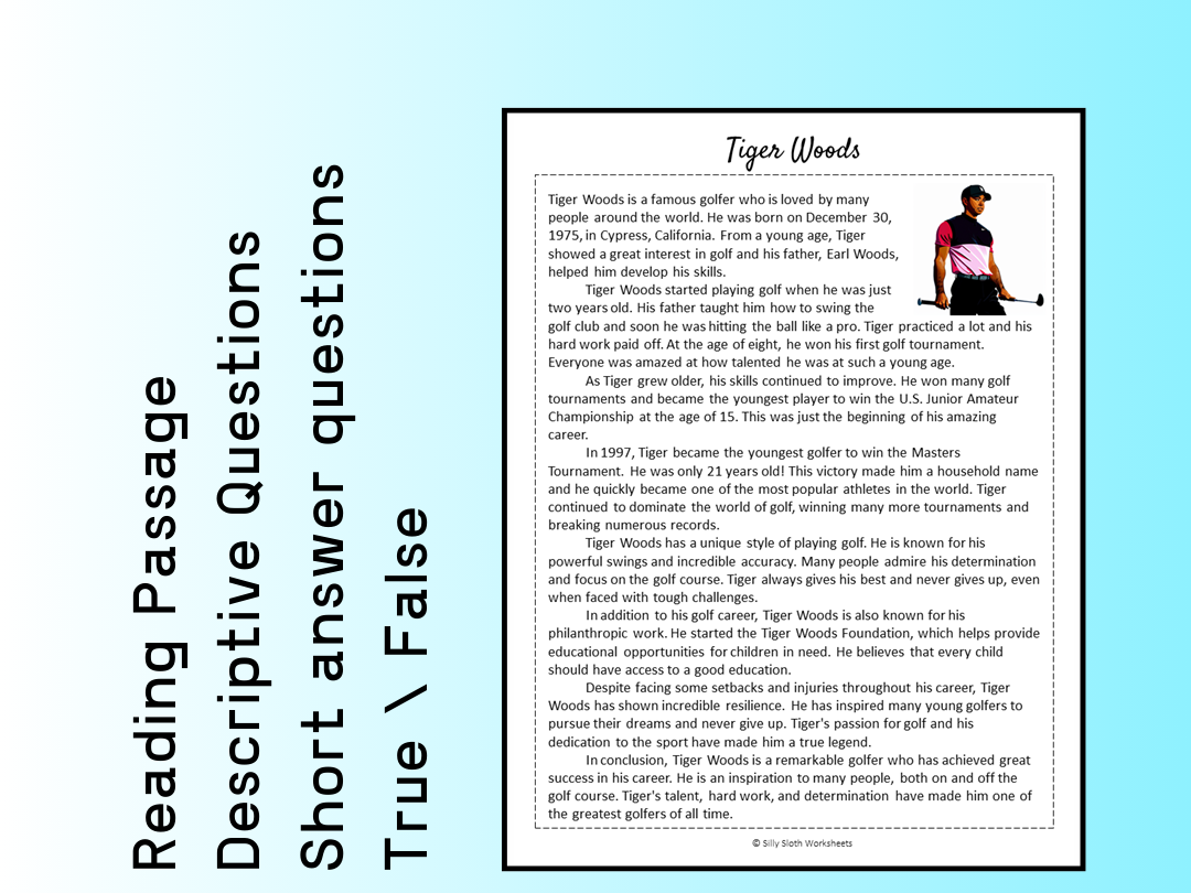 Tiger Woods Biography Reading Comprehension Passage Printable Worksheet