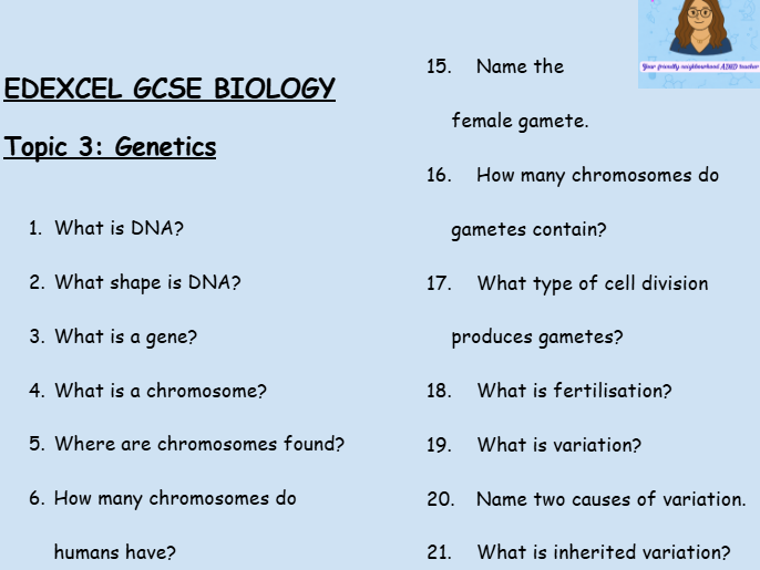 Edexcel GCSE Biology Topic 3: Genetics – 30 Question Retrieval Sheet (With Answers)