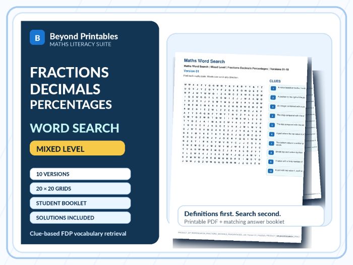 Fractions, Decimals and Percentages Maths Word Search | 10 Printable Vocabulary Puzzles with Solutio