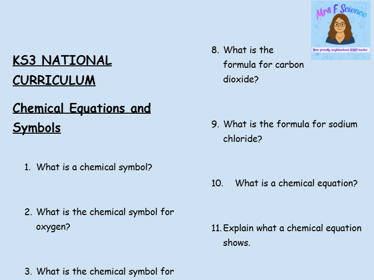 KS3 Chemistry: Chemical Equations and Symbols – 30 Question Retrieval Worksheet