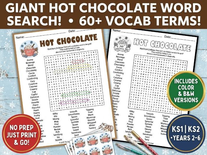 Hot Chocolate Word Search | Winter & Cocoa Vocabulary Activity | KS1 KS2 Years 2-6