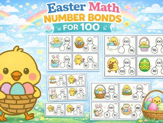 Easter Spring Chick themed Maths task cards - Number bonds to 100