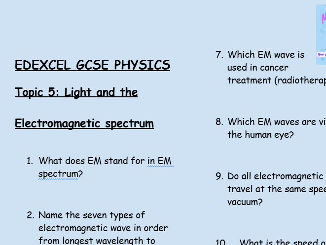 GCSE Edexcel Physics Topic 5: Light and the Electromagnetic Spectrum Revision Worksheet
