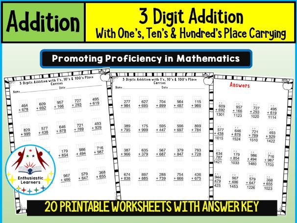 3-Digit Addition with One’s, Ten’s & Hundred’s Place Carrying (Regrouping) Worksheets – Practice Act