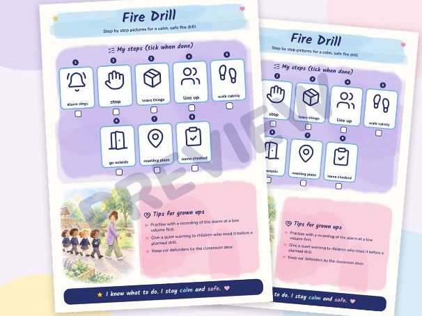 Fire Drill Visual Steps Poster, Autism SEND Visual Support for Fire Alarm Practice, EYFS, KS1, KS2
