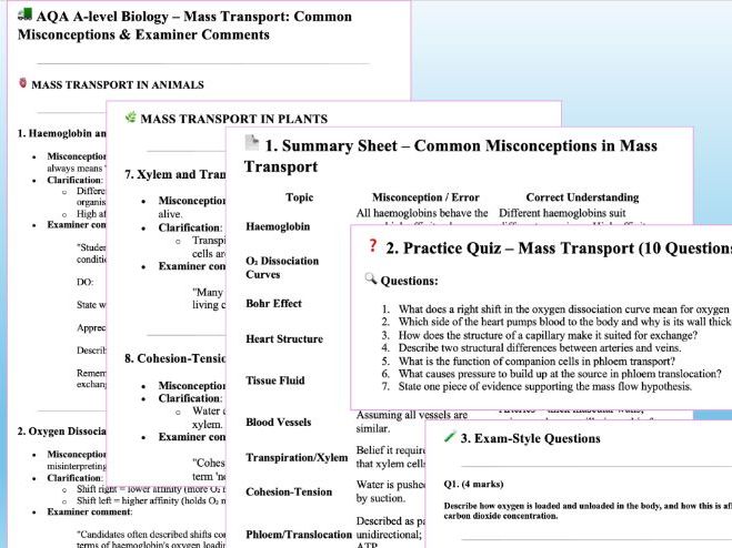 AQA A-Level Biology Revision Common Misconceptions and Practice - Chapter 7 Mass Transport