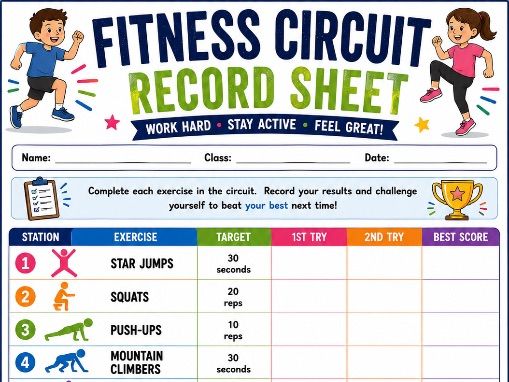 Fitness Circuit Record Sheet | PE Circuit Training Worksheet | Physical Education Assessment | KS1/2