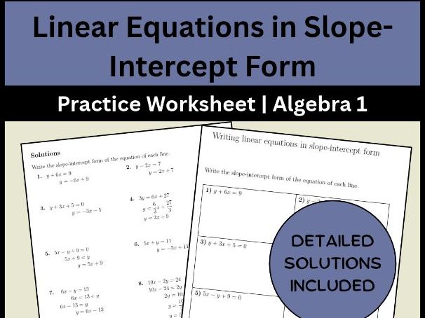 Linear Equations in Slope-Intercept Form | Practice Worksheet | Algebra 1