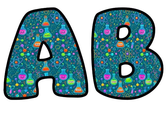 Science Flasks and Atoms Bubble Letters | Science Topic Bulletin Board Letters