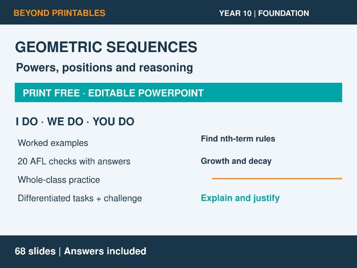 Geometric Sequences | I Do, We Do, You Do | Year 10 Maths Foundation | Print Free