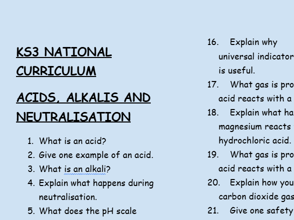 KS3 Chemistry: Acids, Alkalis and Neutralisation – 30 Question Retrieval Worksheet