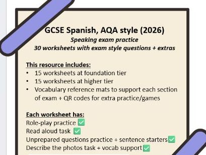 GCSE Spanish Speaking exam revision-30 worksheets (AQA,2026)