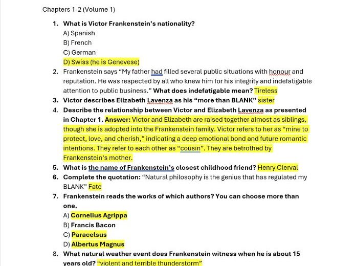 Frankenstein quizzes (1831 version)