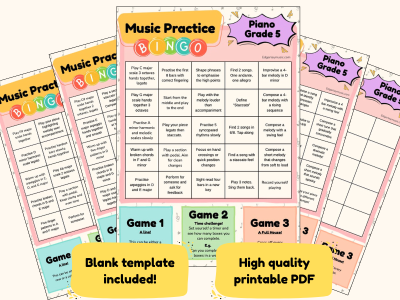 Grade 5 Piano Practice Bingo: Performance & Exam Prep Challenge Sheet