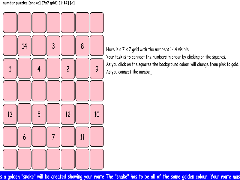 number puzzles [snake] [7x7 grid] [1-14] [a]