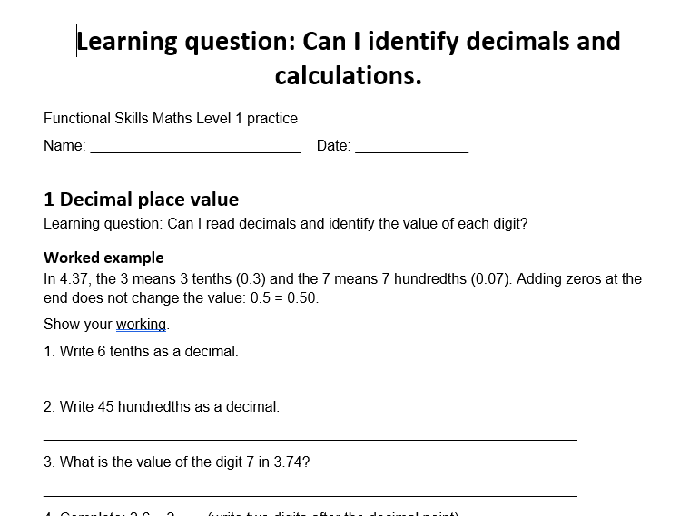 Level 1 Functional skills maths Decimals and calcumation problems