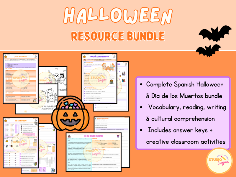 Spanish Halloween Bundle | ¡Es Halloween! Vocabulary, Reading & Writing Activities | Día de los Muertos + Cards