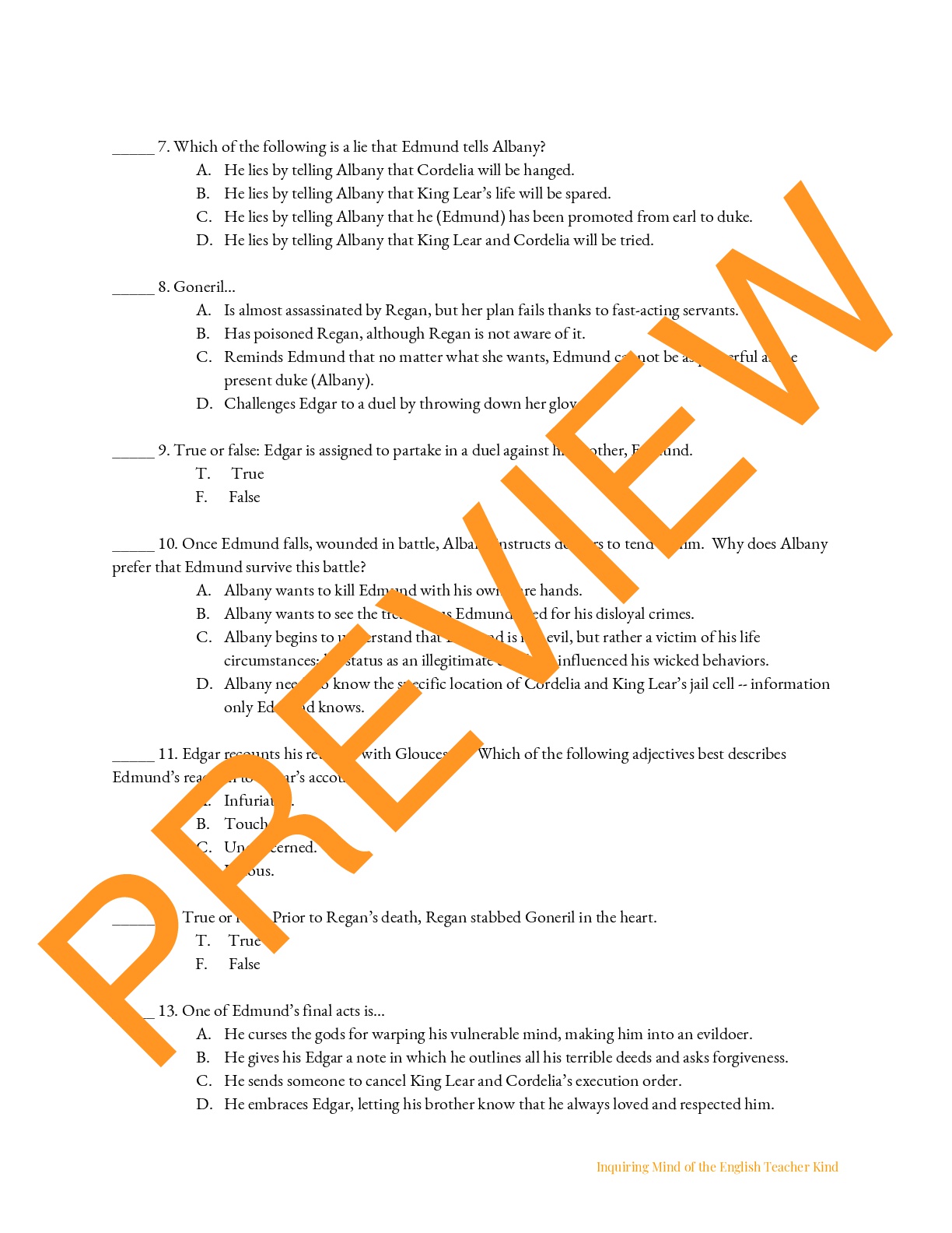 King Lear Quiz and Key on Act 5 Teaching Resources