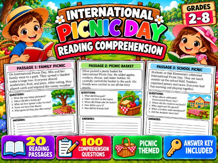 International Picnic Day Reading Comprehension | 20 Passages & 100 Questions | Grades 2–8