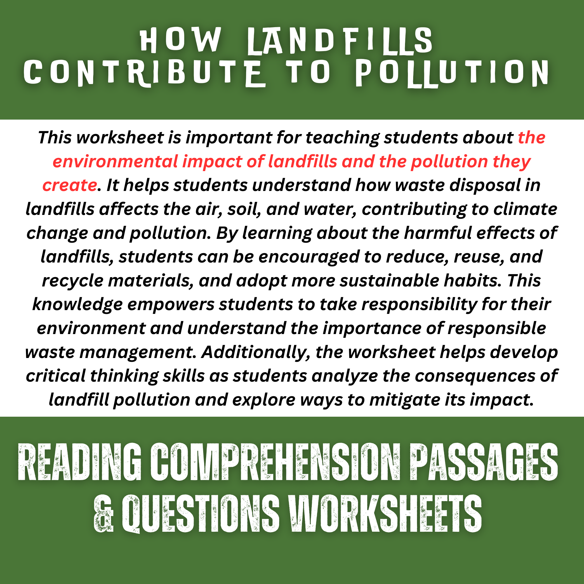 How Landfills Contribute to Pollution - Environment Reading Worksheet ...