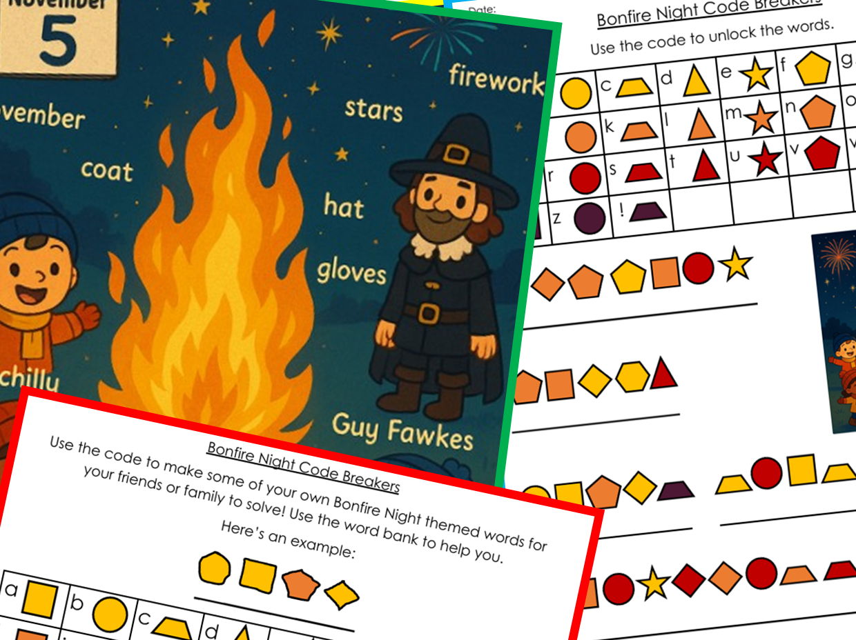 Bonfire Night Code Breaking - Spelling Activities (EYFS-Y2+)