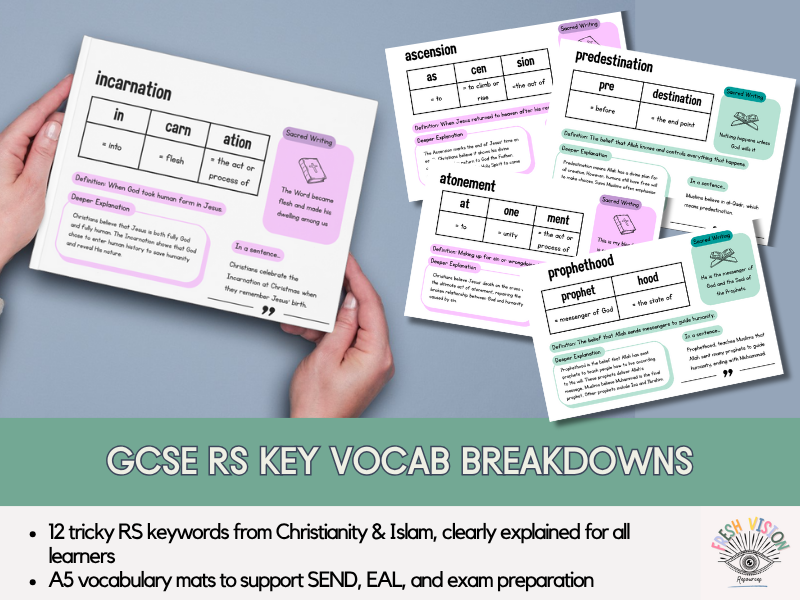 GCSE RS Key Terms Pack -Tricky Keywords from Islam and Christianity A5 Vocab Mats