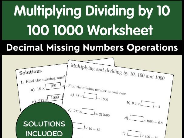 Multiplying Dividing by 10 100 1000 Worksheet Decimal Missing Numbers Operations
