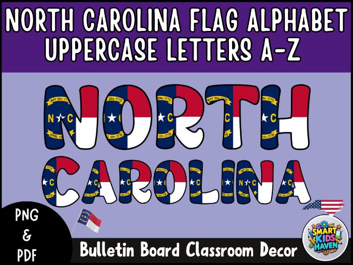 North Carolina Flag Alphabet Uppercase Letter A-Z Bulletin Board Classroom Decor