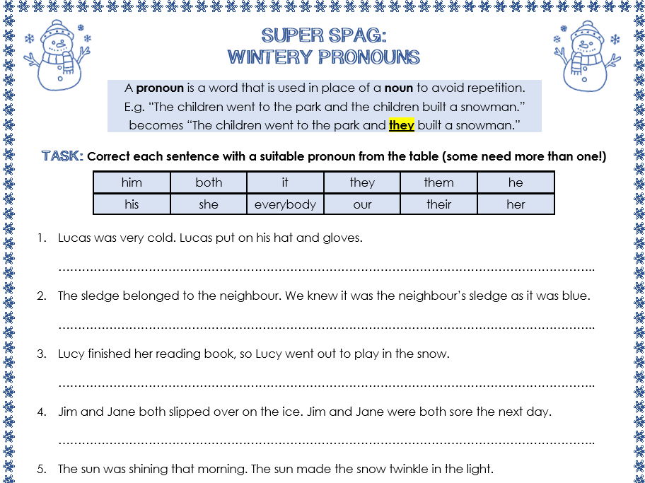 Super SPAG - English - Wintery Pronouns Worksheet