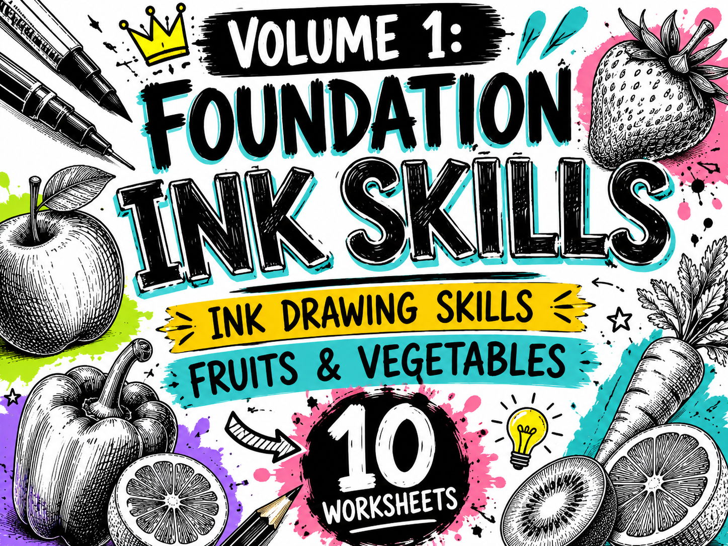 Ink Drawing Skills – Fruits & Vegetables Volume 1 | Foundation Ink Techniques | 10 KS3 Art Worksheets