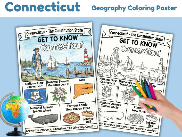 Connecticut Geography Coloring Poster | State Facts & Symbols