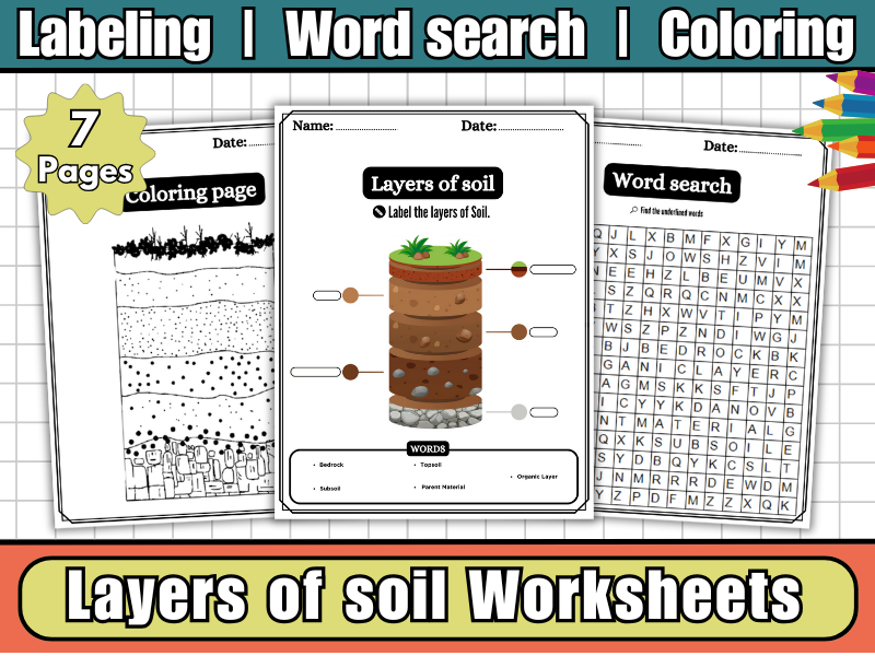 Layers of Soil Labeling Diagram, Worksheets, Coloring Word Search | KS2 Earth Science Activity
