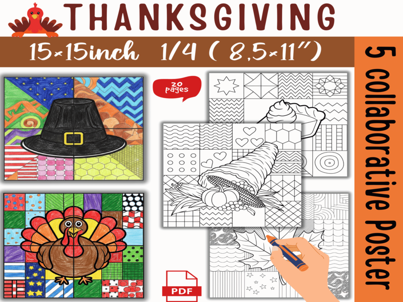 Thanksgiving 6 Collaborative Poster Coloring Pop Art Project & Bulletin Board