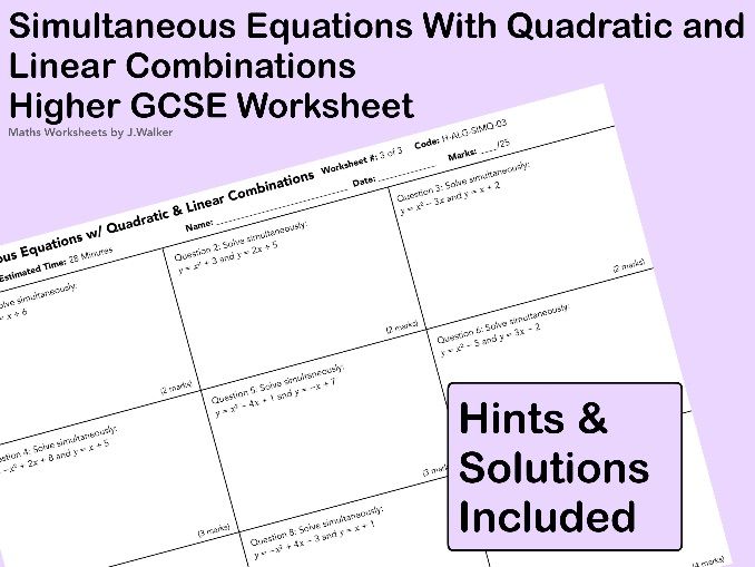 GCSE Maths Worksheet: Simultaneous Equations with Quadratic and Linear Combinations - Higher Tier