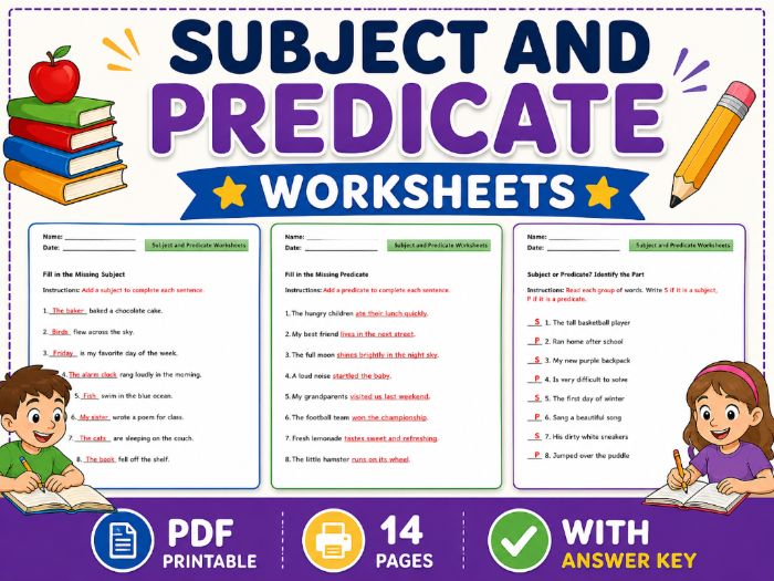 Subject and Predicate Worksheets with Answer Key | Printable PDF Grammar Activities