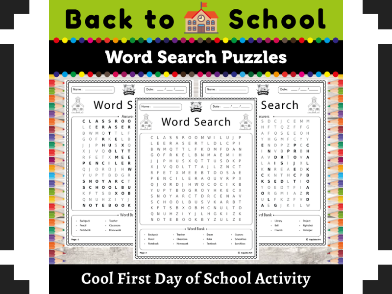 Back to School Word Search : First Day Word Search Puzzle Worksheets Activity