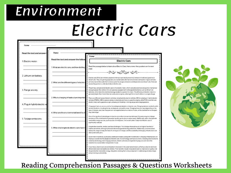 Electric Cars Reading Comprehension Passages & Questions Worksheets