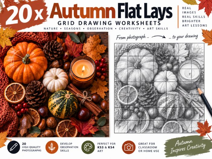 Autumn Flat Lays – 20 Grid Drawing Worksheets | KS3 & KS4 Art | Observational Drawing