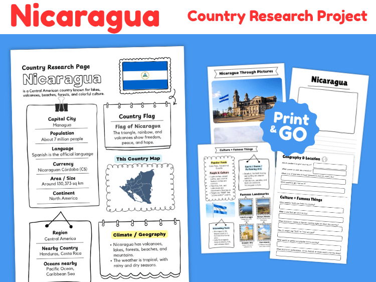 Nicaragua Country Research Project | Geography & Culture Worksheets