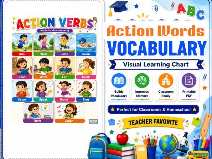 Action Words Chart for Kids | Verbs Vocabulary Learning Poster for Preschool, Kindergarten
