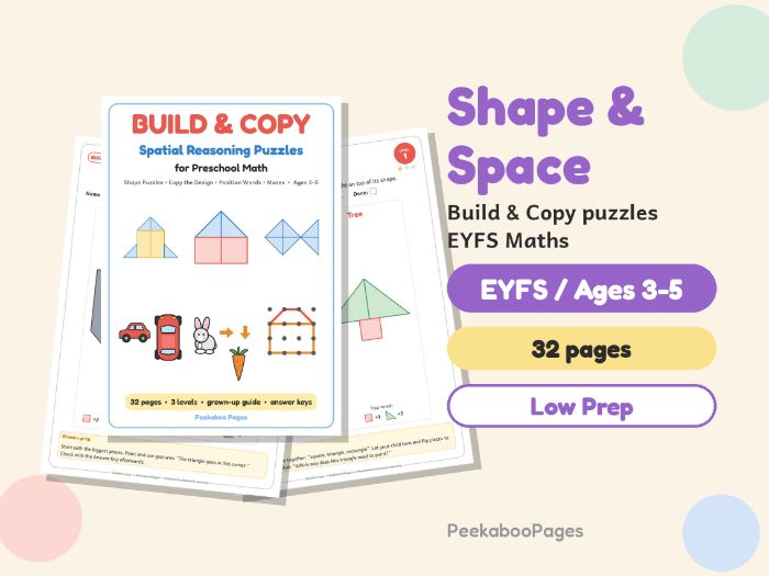 Shape & Space EYFS Maths: Build & Copy Puzzles, Position Words – Reception, Low Prep