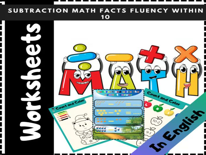 Easy Subtraction Practice: Activities Worksheets (Color by Number, Subtraction) Version in English