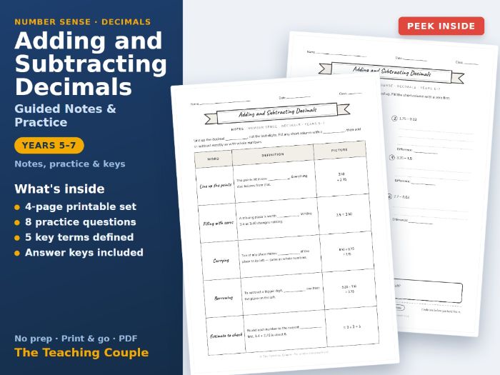 Adding and Subtracting Decimals Guided Notes + Answer Key | Years 5-7